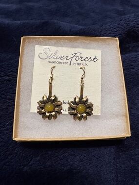 Silver Forest Gold Floral Drop Earrings with Yellow Center Stone